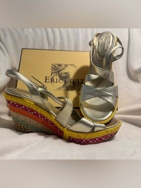 11 Narrow Eric Javits Champane Metallic Wedge Sandal w/Colorful Espadrille Wrap